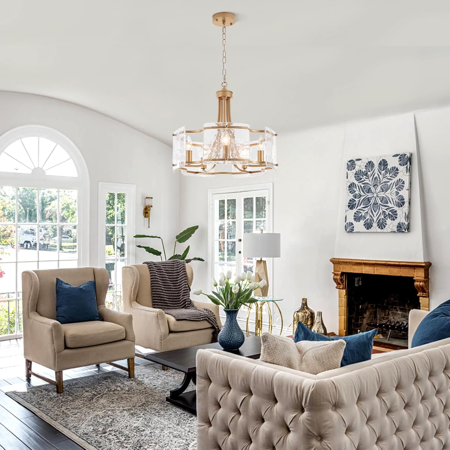Modern 5 Light Gold Crystal Glass Drum Chandelier Pendant Ceiling Light