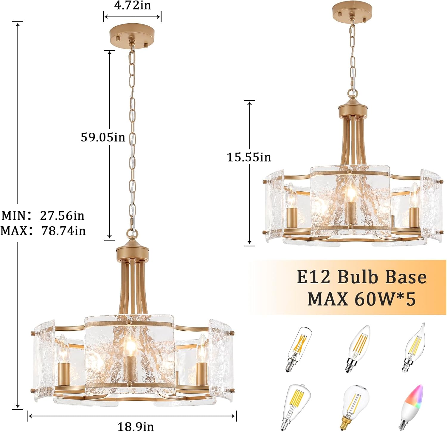 Modern 5 Light Gold Crystal Glass Drum Chandelier Pendant Ceiling Light