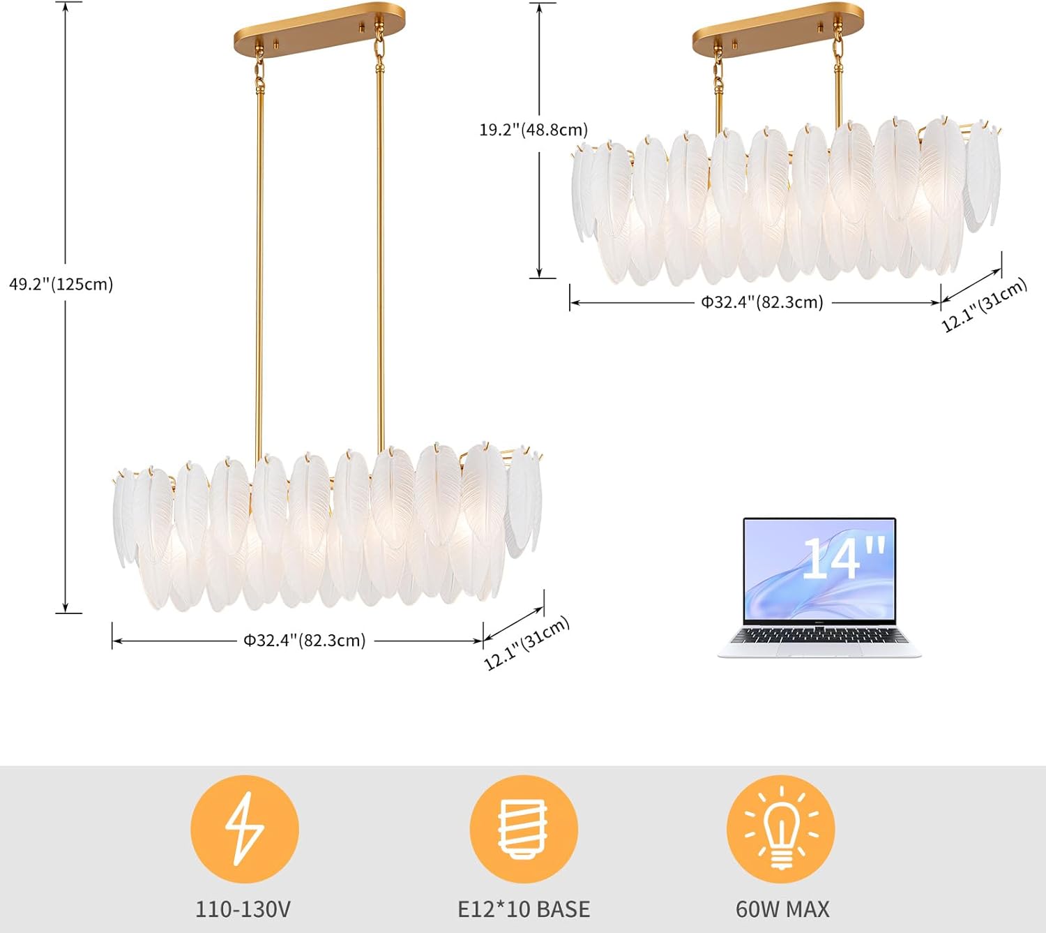 Modern White Feather Glass Chandelier Gold Oval Dining Room Pendant Light