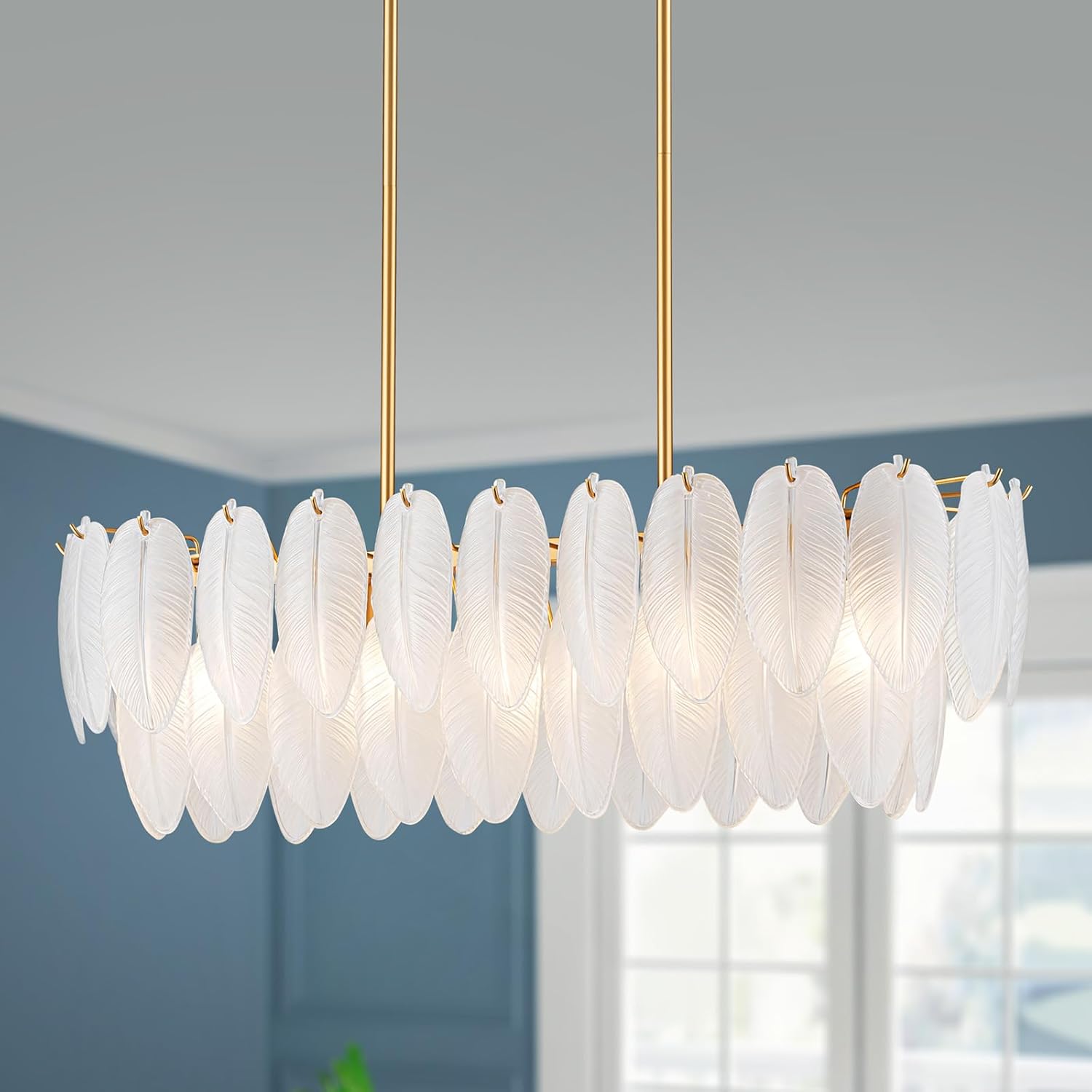 Modern White Feather Glass Chandelier Gold Oval Dining Room Pendant Light