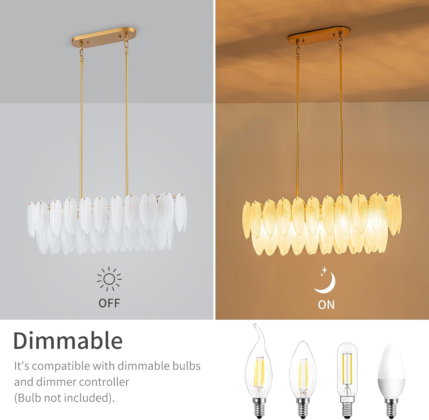 Modern White Feather Glass Chandelier Gold Oval Dining Room Pendant Light