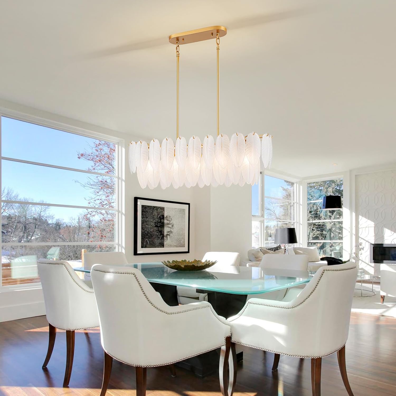 Modern White Feather Glass Chandelier Gold Oval Dining Room Pendant Light