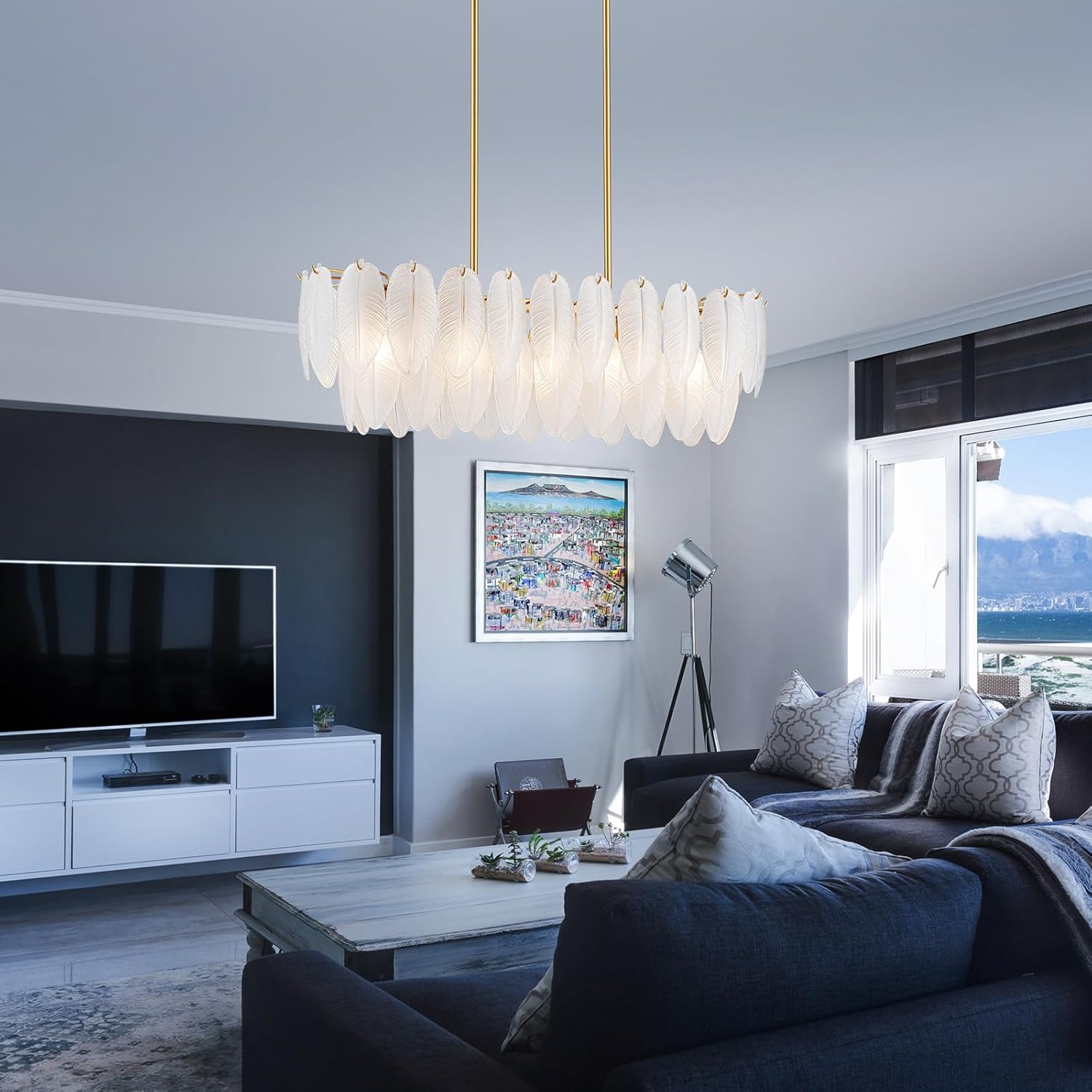 Modern White Feather Glass Chandelier Gold Oval Dining Room Pendant Light