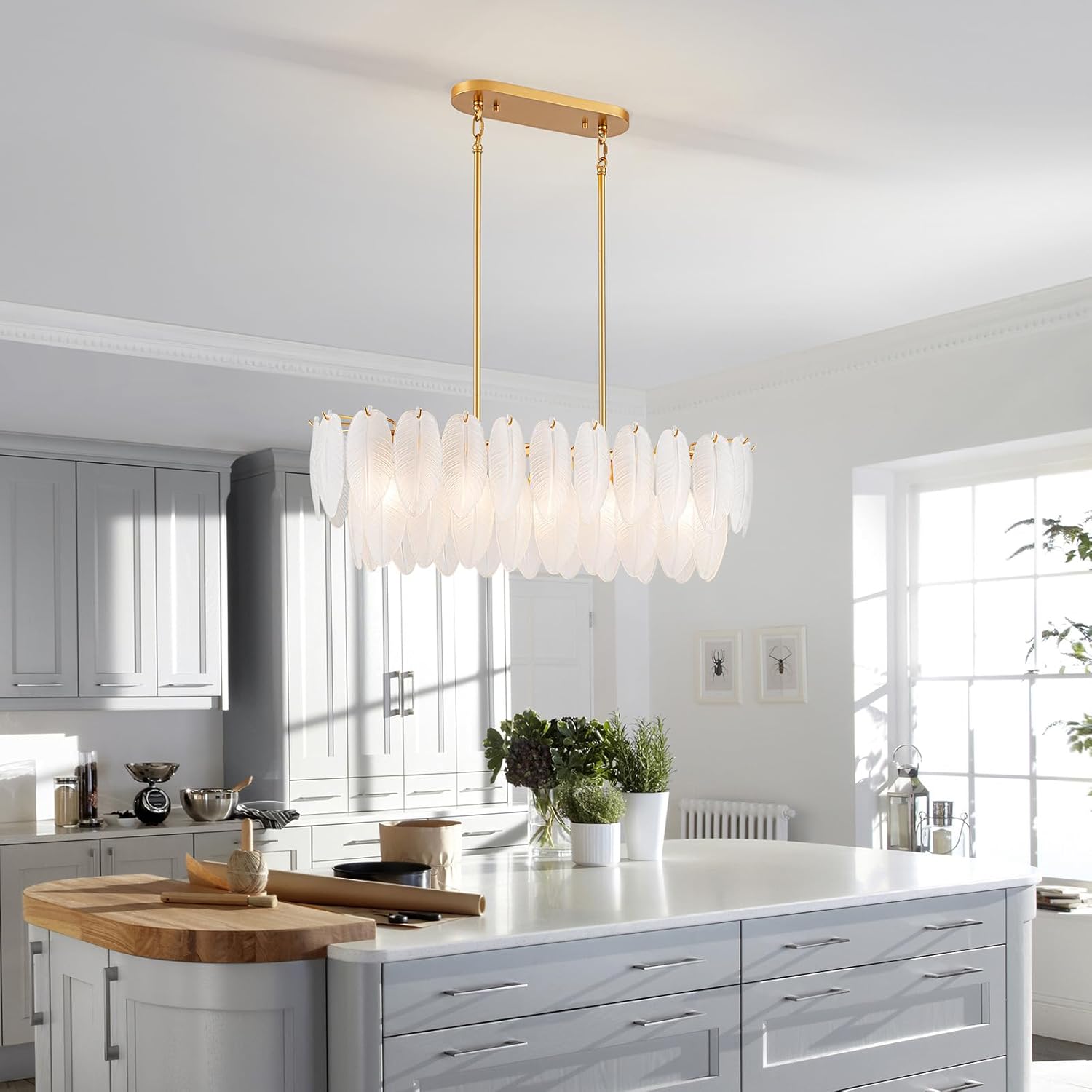Modern White Feather Glass Chandelier Gold Oval Dining Room Pendant Light