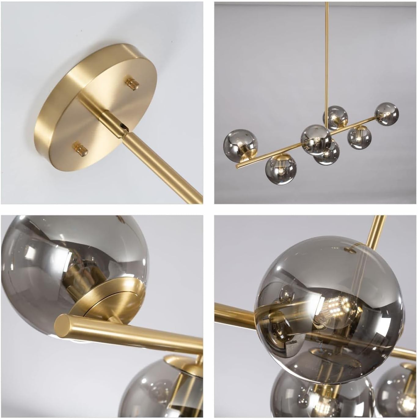 Modern 6-Light Gold Linear Globe Chandelier with Smoke Glass Shades for Dining Room