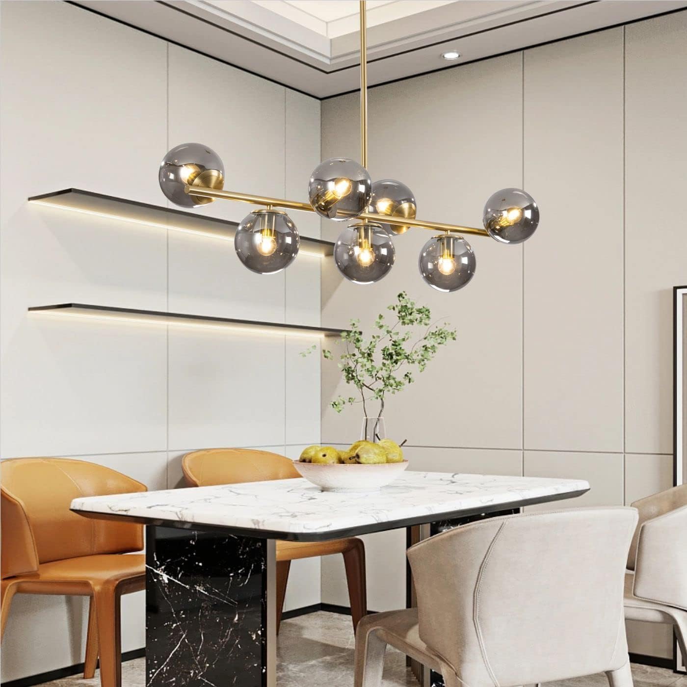 Modern 6-Light Gold Linear Globe Chandelier with Smoke Glass Shades for Dining Room