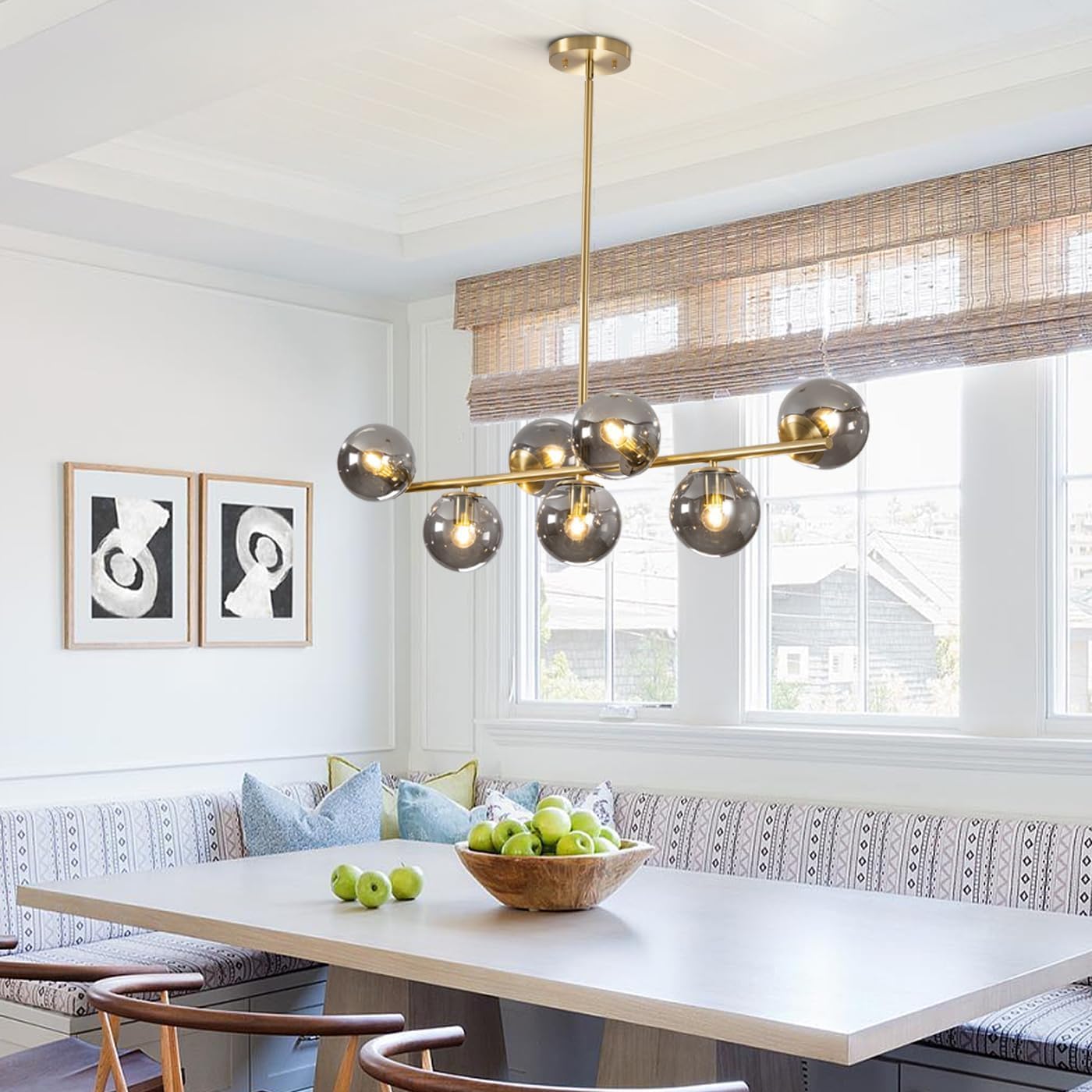 Modern 6-Light Gold Linear Globe Chandelier with Smoke Glass Shades for Dining Room