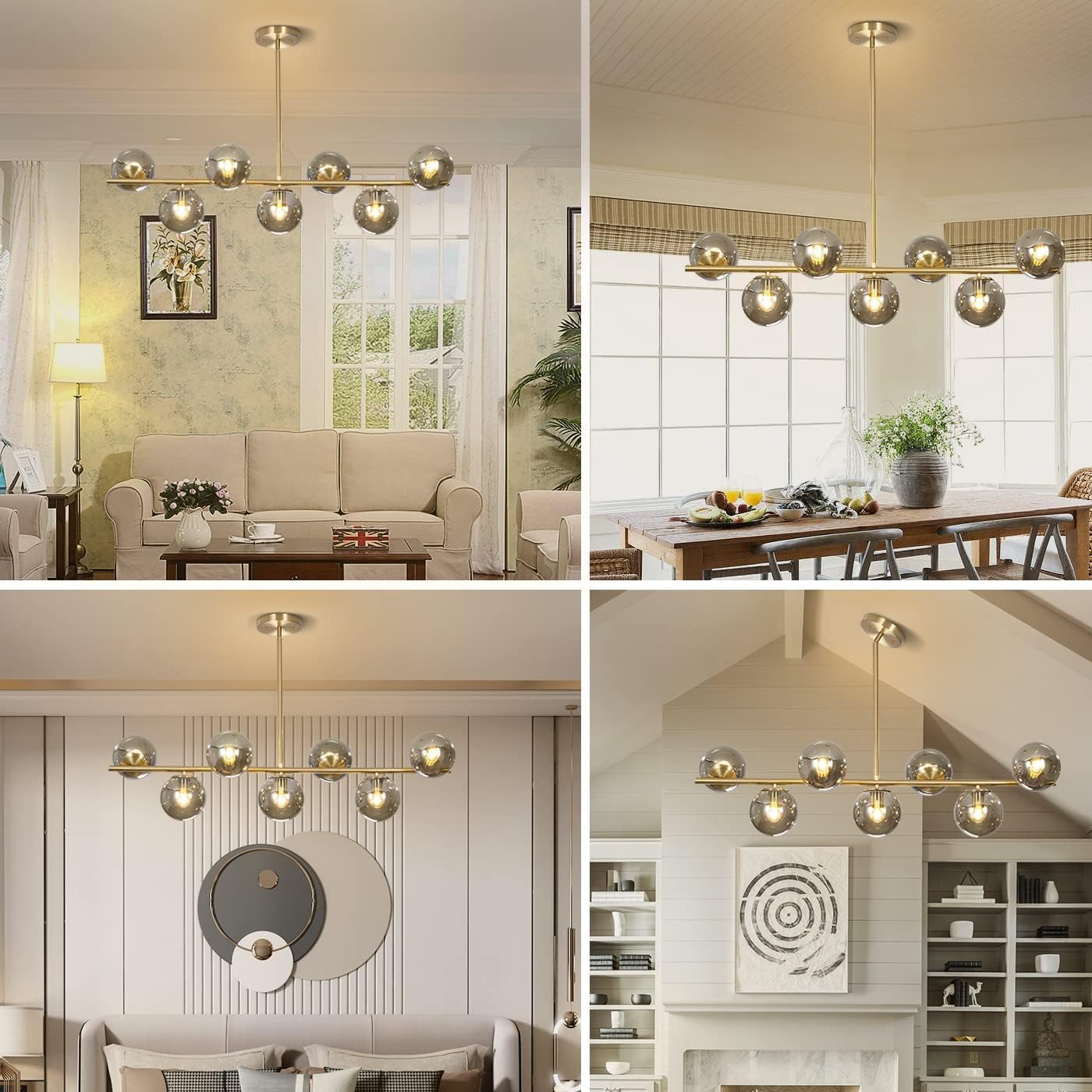 Modern 6-Light Gold Linear Globe Chandelier with Smoke Glass Shades for Dining Room