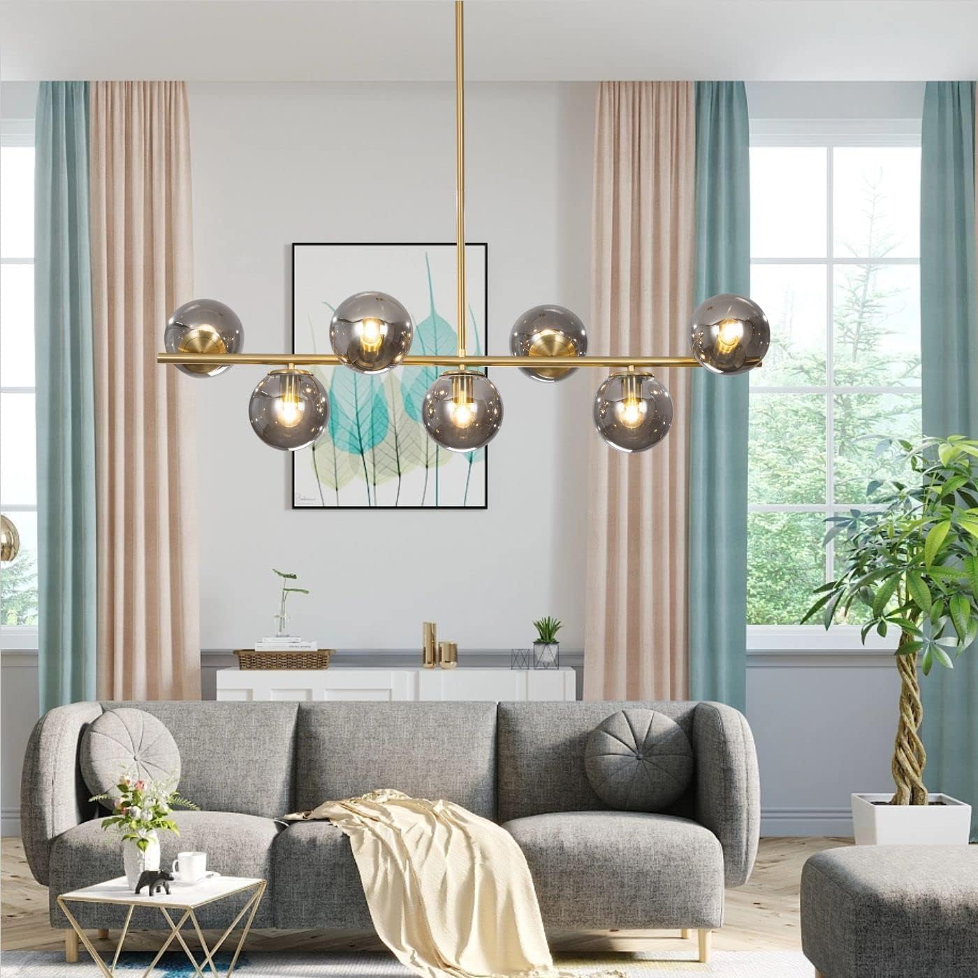Modern 6-Light Gold Linear Globe Chandelier with Smoke Glass Shades for Dining Room