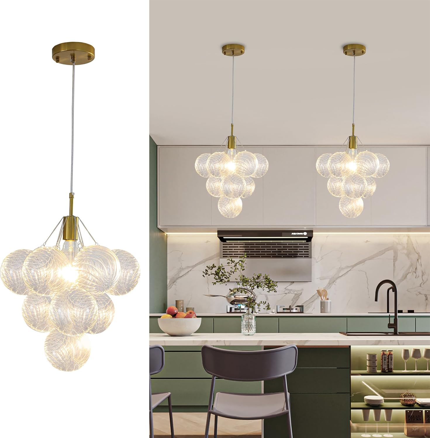 Modern Cluster Bubble Glass Pendant Light, Gold 1-Light Grape Globe Chandelier