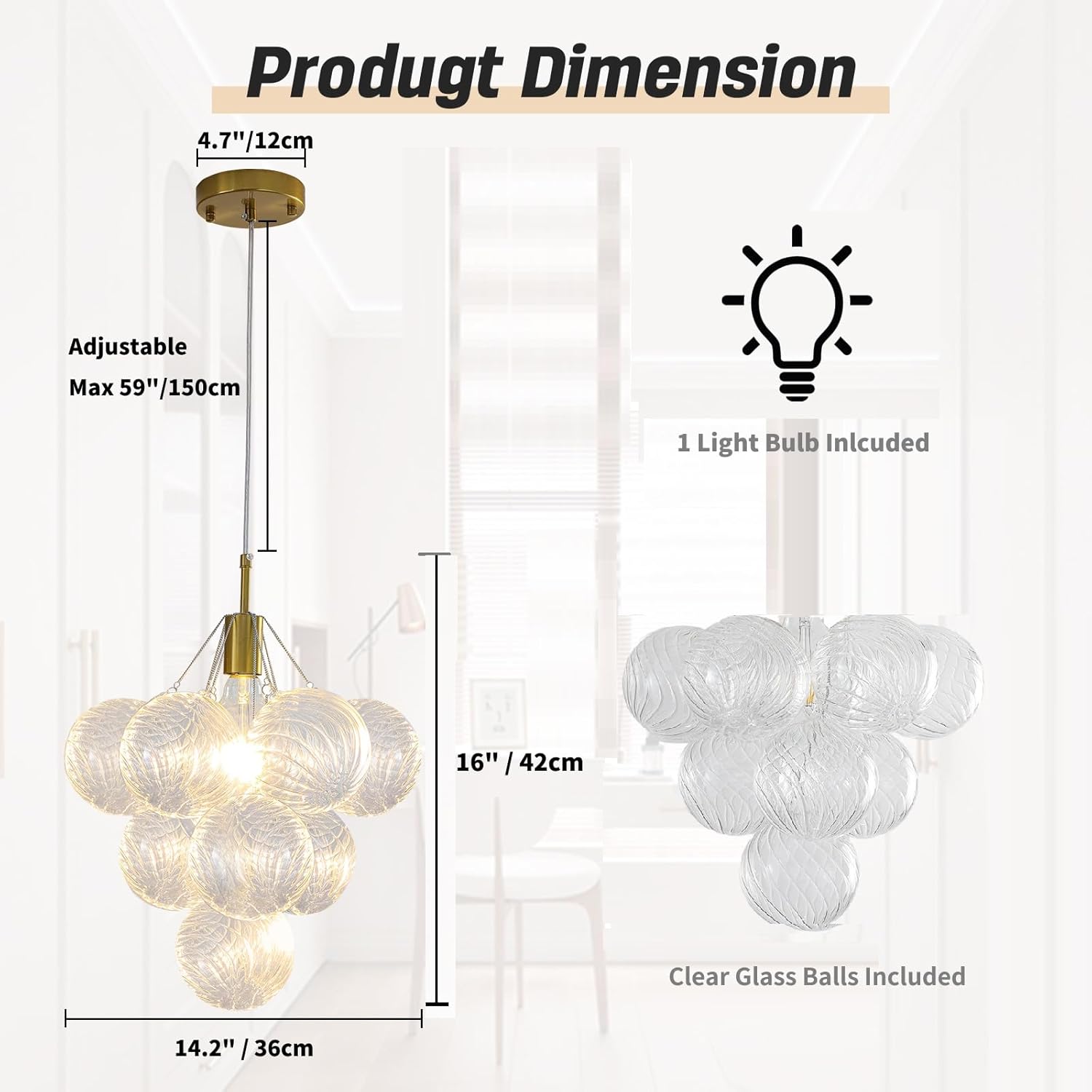 Modern Cluster Bubble Glass Pendant Light, Gold 1-Light Grape Globe Chandelier