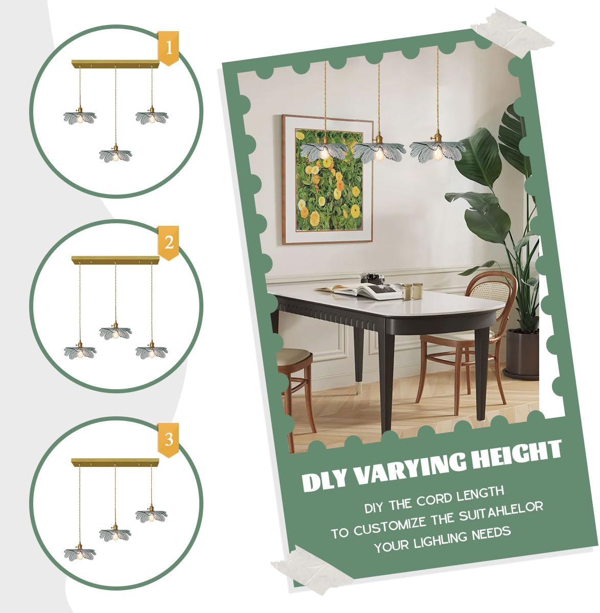 Modern 3-Light Brushed Gold Linear Pendant with Green Leaf Glass Shades Adjustable Height