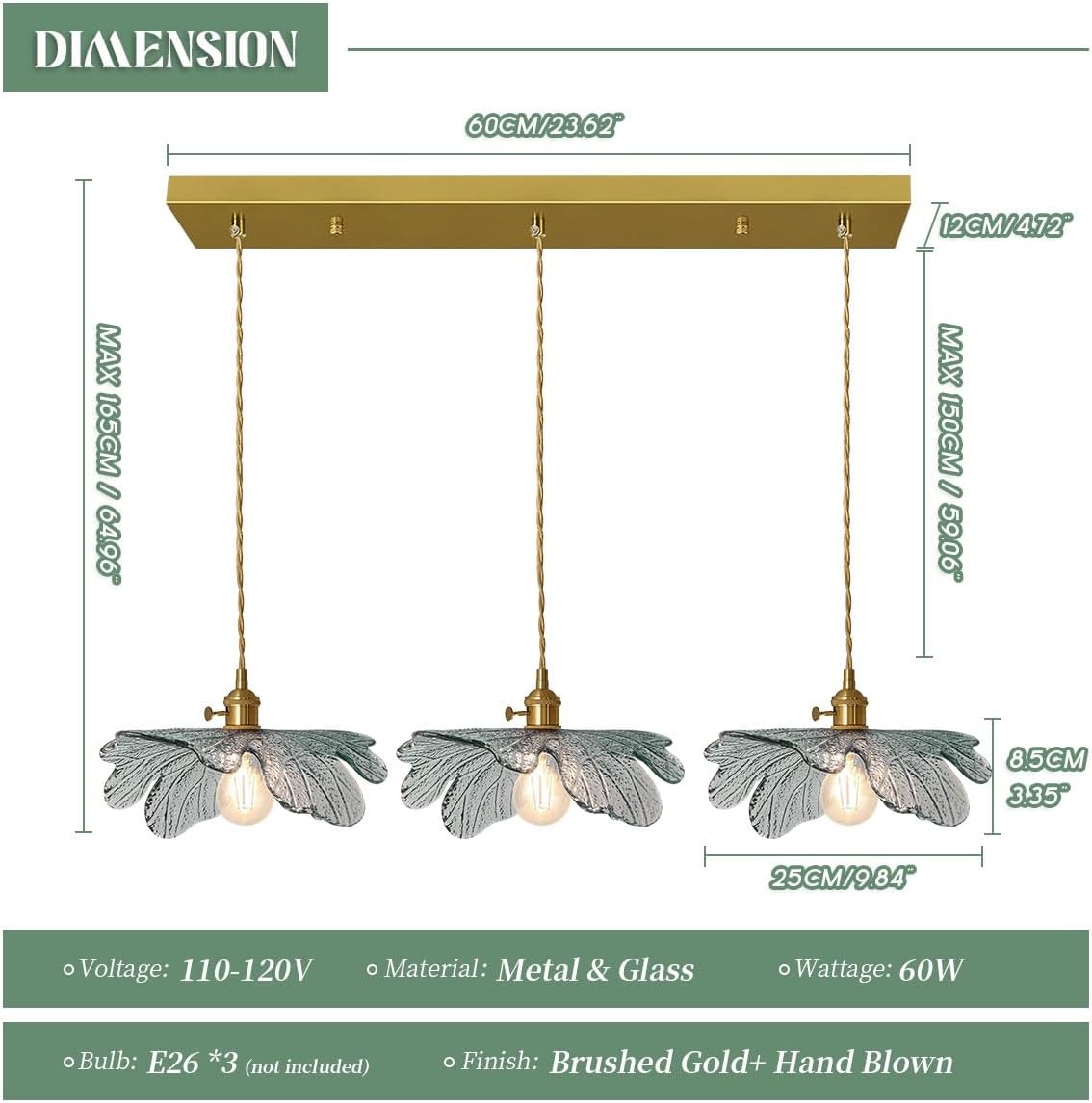 Modern 3-Light Brushed Gold Linear Pendant with Green Leaf Glass Shades Adjustable Height