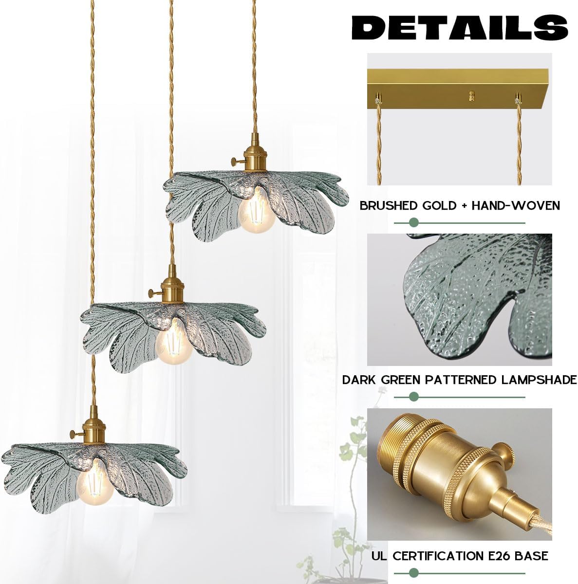 Modern 3-Light Brushed Gold Linear Pendant with Green Leaf Glass Shades Adjustable Height