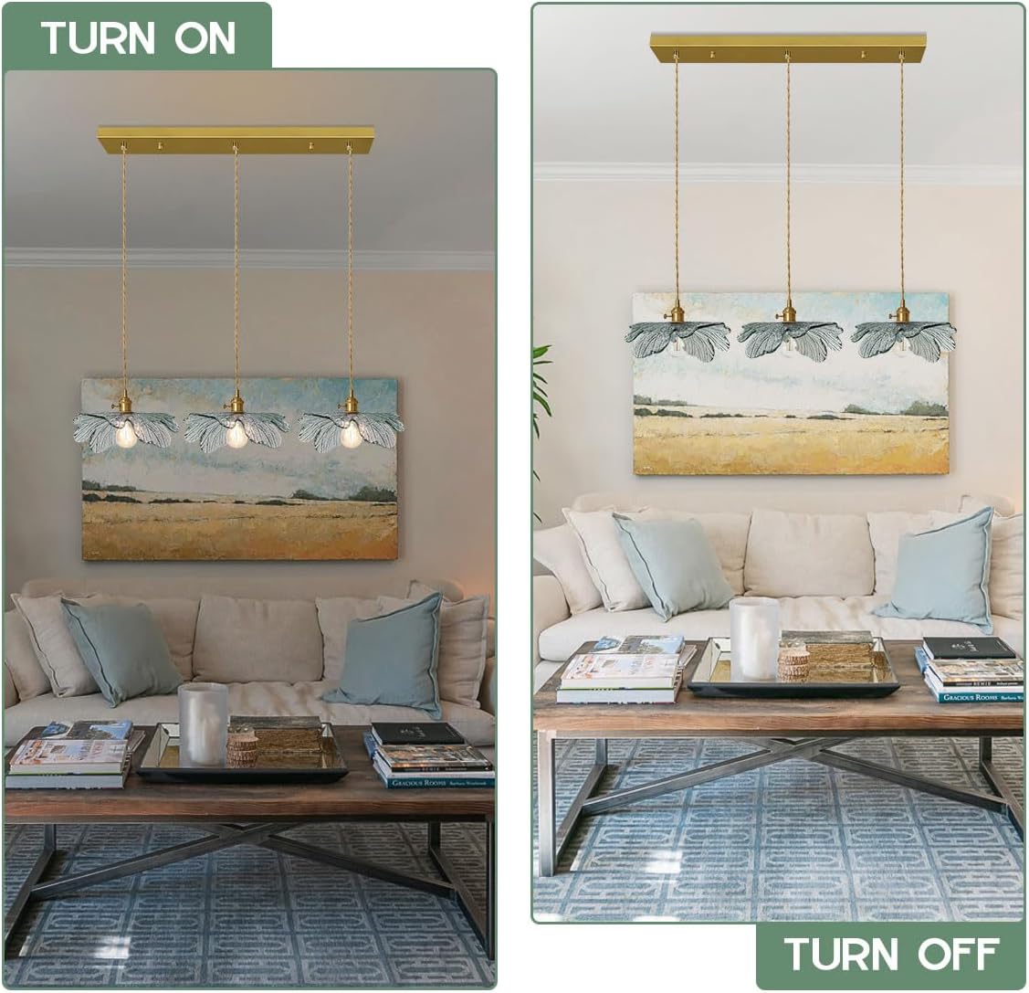 Modern 3-Light Brushed Gold Linear Pendant with Green Leaf Glass Shades Adjustable Height