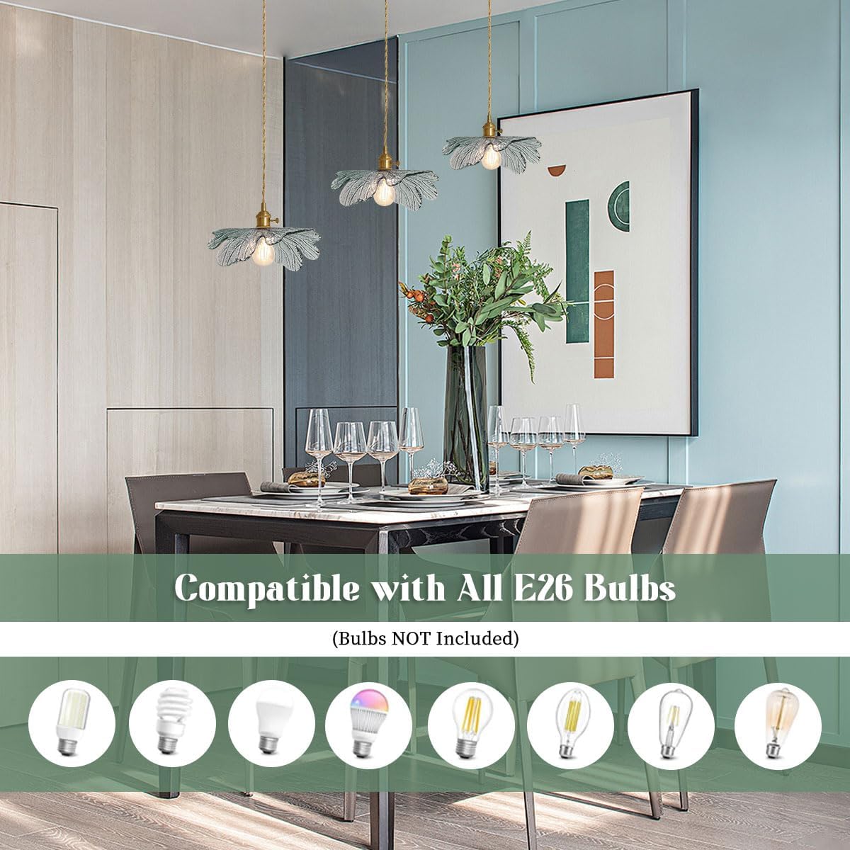 Modern 3-Light Brushed Gold Linear Pendant with Green Leaf Glass Shades Adjustable Height