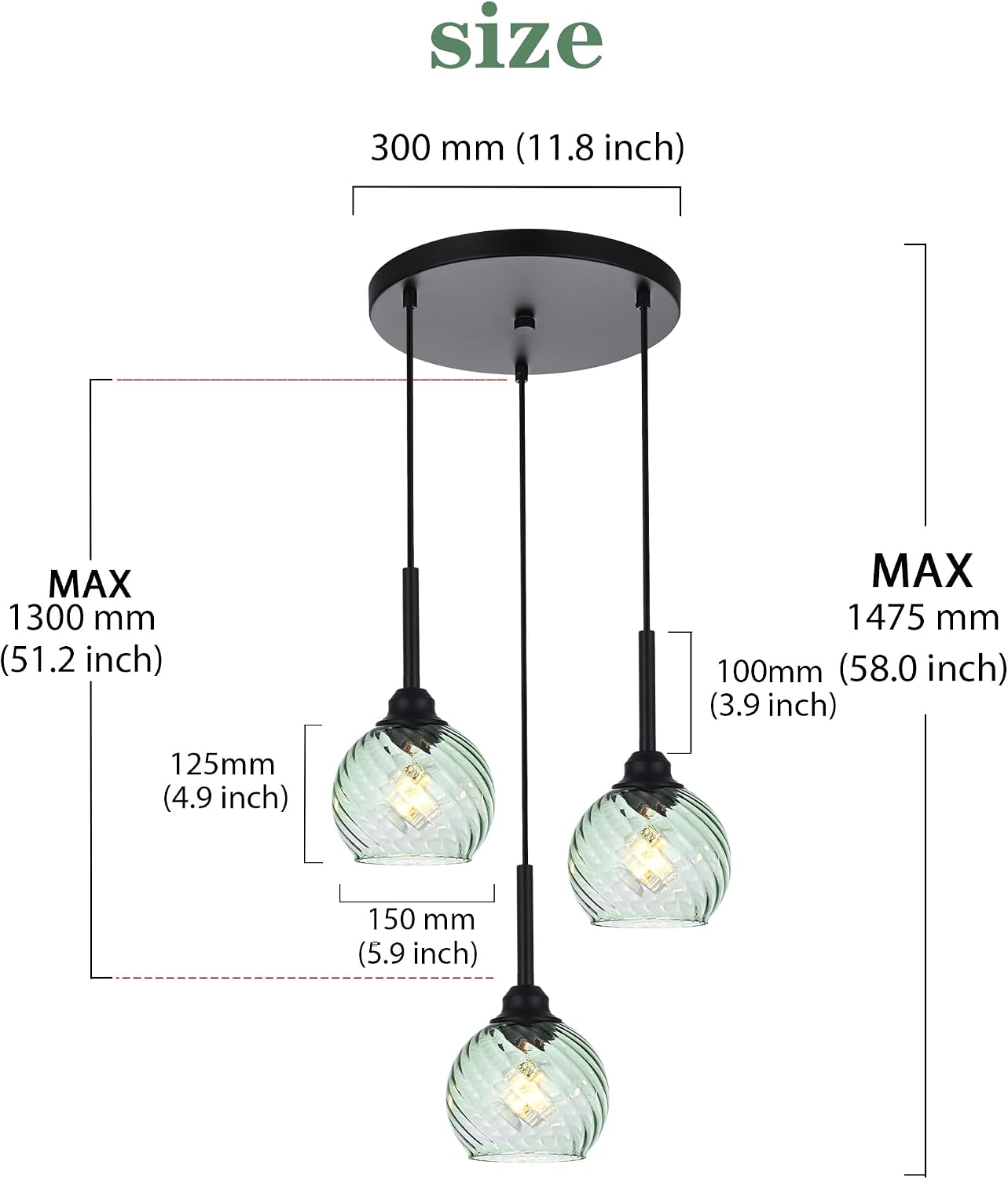 Modern 3-Light Black Pendant Chandelier with Green Spiral Glass Globe Shades Adjustable Height