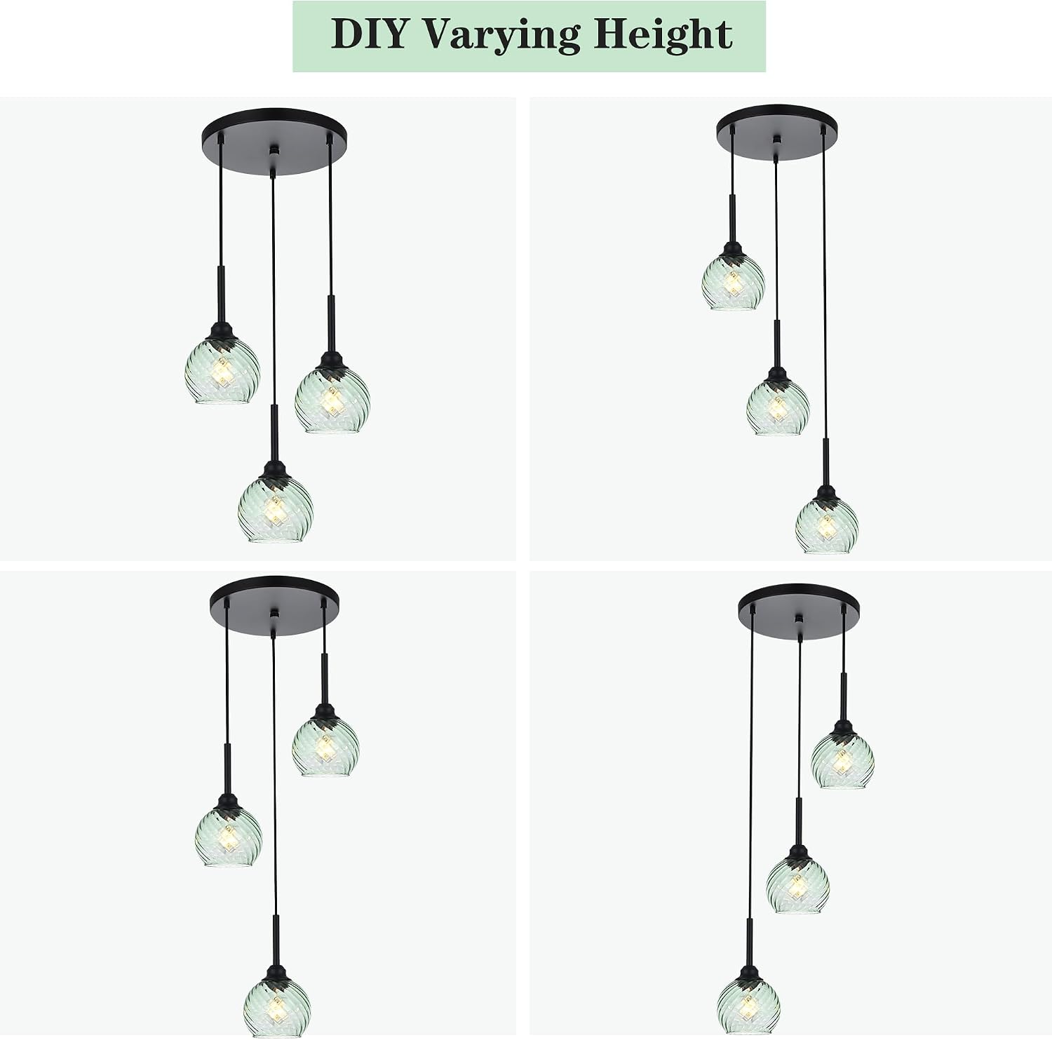 Modern 3-Light Black Pendant Chandelier with Green Spiral Glass Globe Shades Adjustable Height