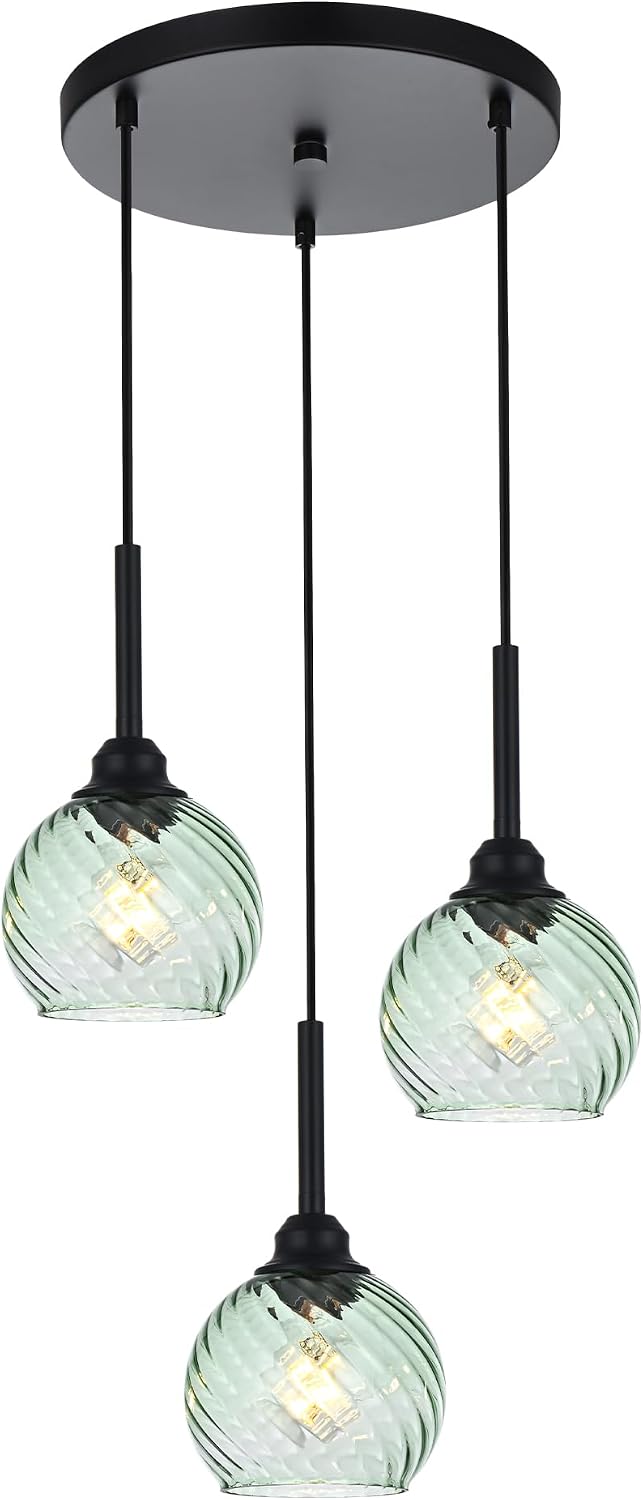 Modern 3-Light Black Pendant Chandelier with Green Spiral Glass Globe Shades Adjustable Height