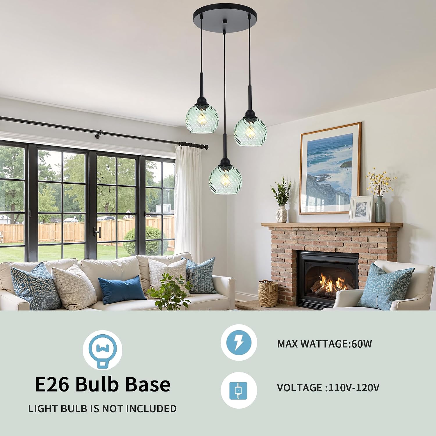 Modern 3-Light Black Pendant Chandelier with Green Spiral Glass Globe Shades Adjustable Height