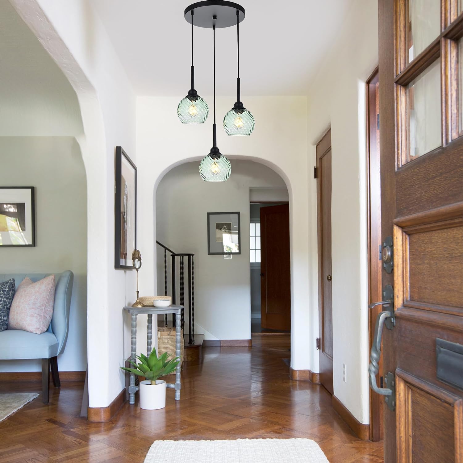 Modern 3-Light Black Pendant Chandelier with Green Spiral Glass Globe Shades Adjustable Height