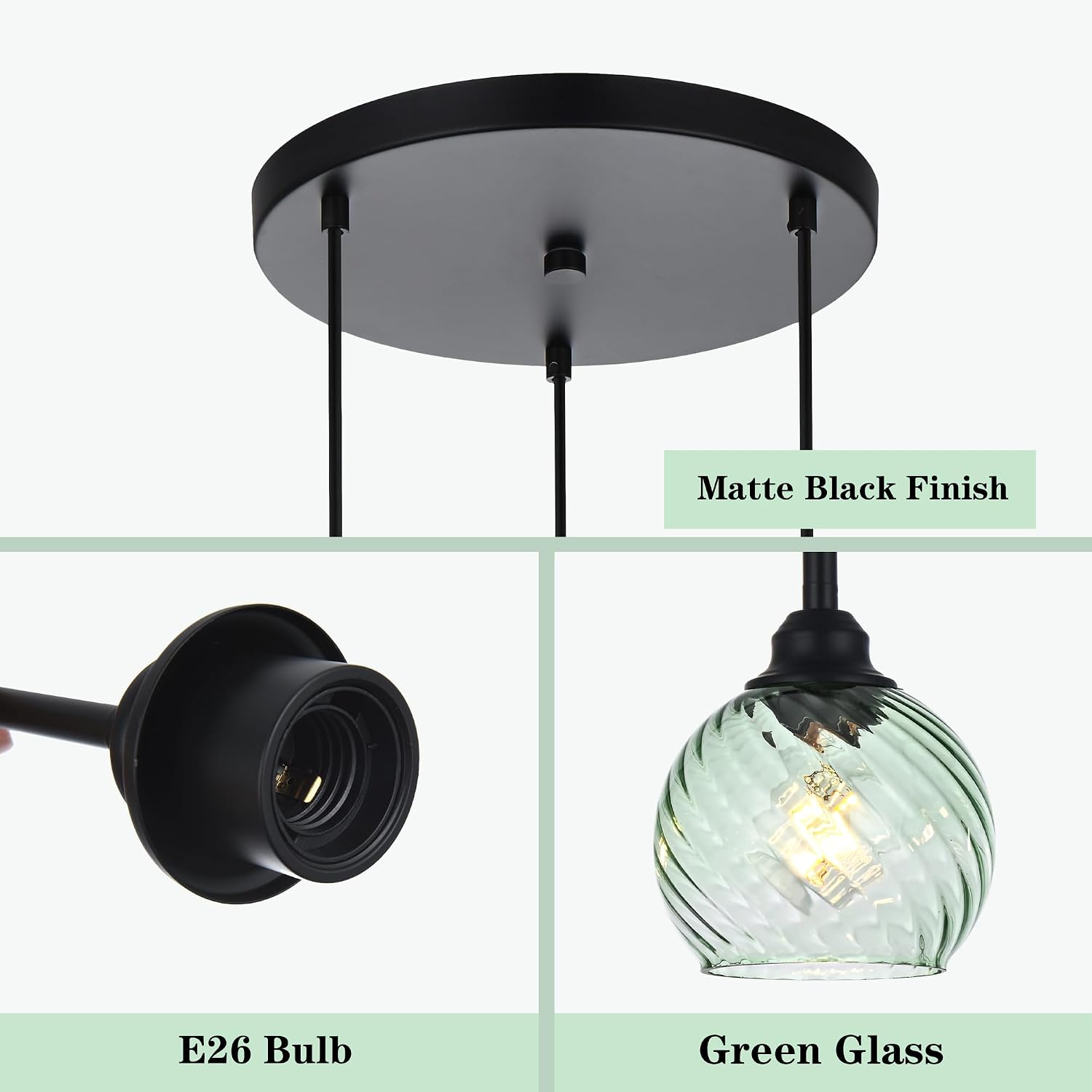 Modern 3-Light Black Pendant Chandelier with Green Spiral Glass Globe Shades Adjustable Height