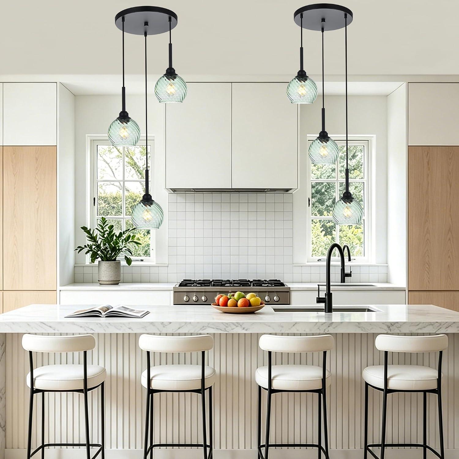Modern 3-Light Black Pendant Chandelier with Green Spiral Glass Globe Shades Adjustable Height