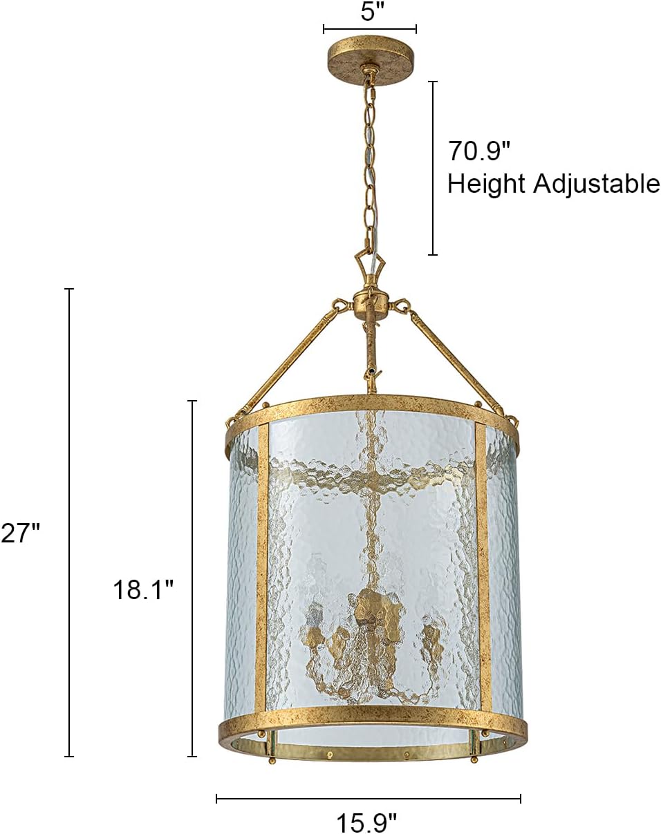 Modern Antique Gold Drum Pendant Chandelier with Hammered Glass Adjustable Chain Lantern Light