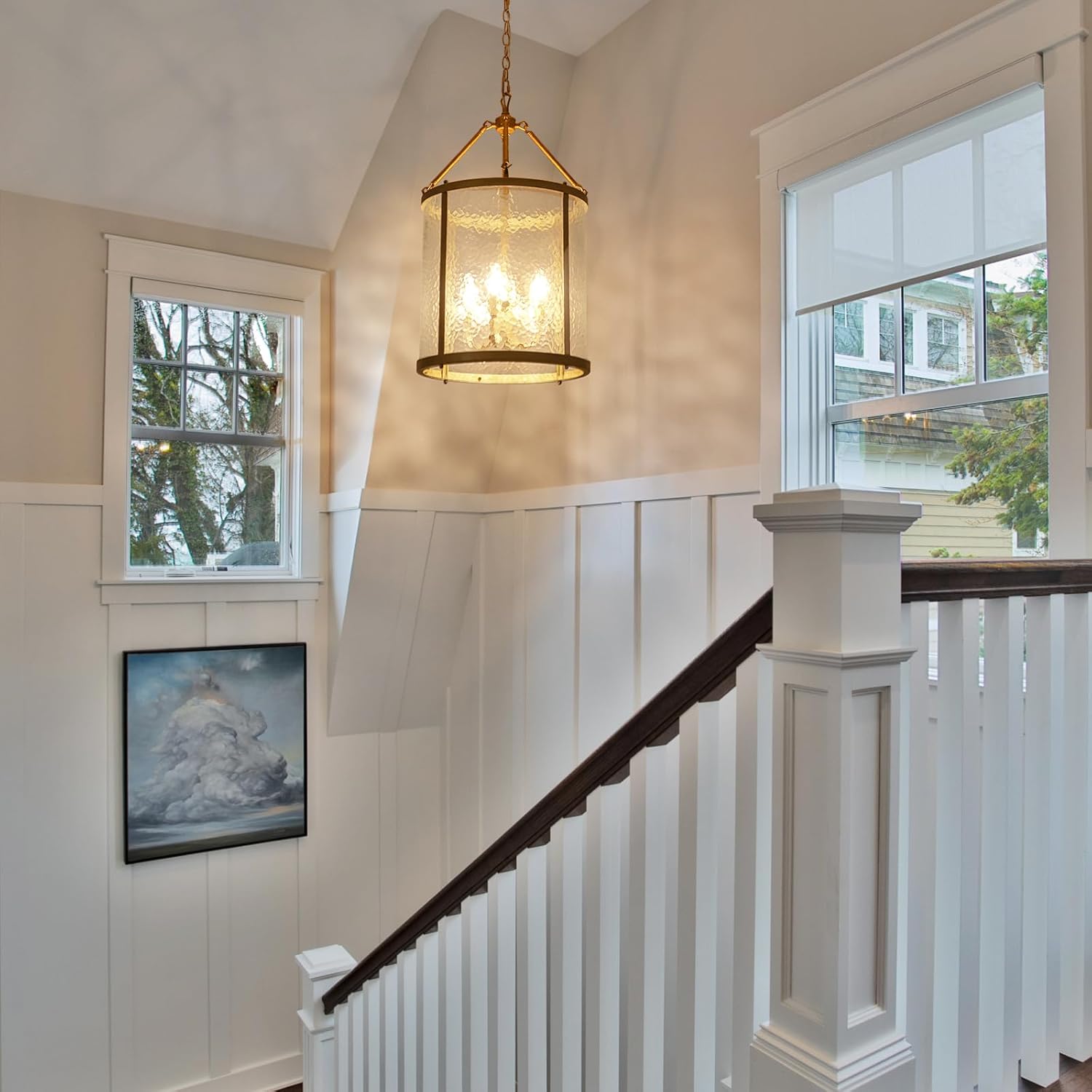 Modern Antique Gold Drum Pendant Chandelier with Hammered Glass Adjustable Chain Lantern Light