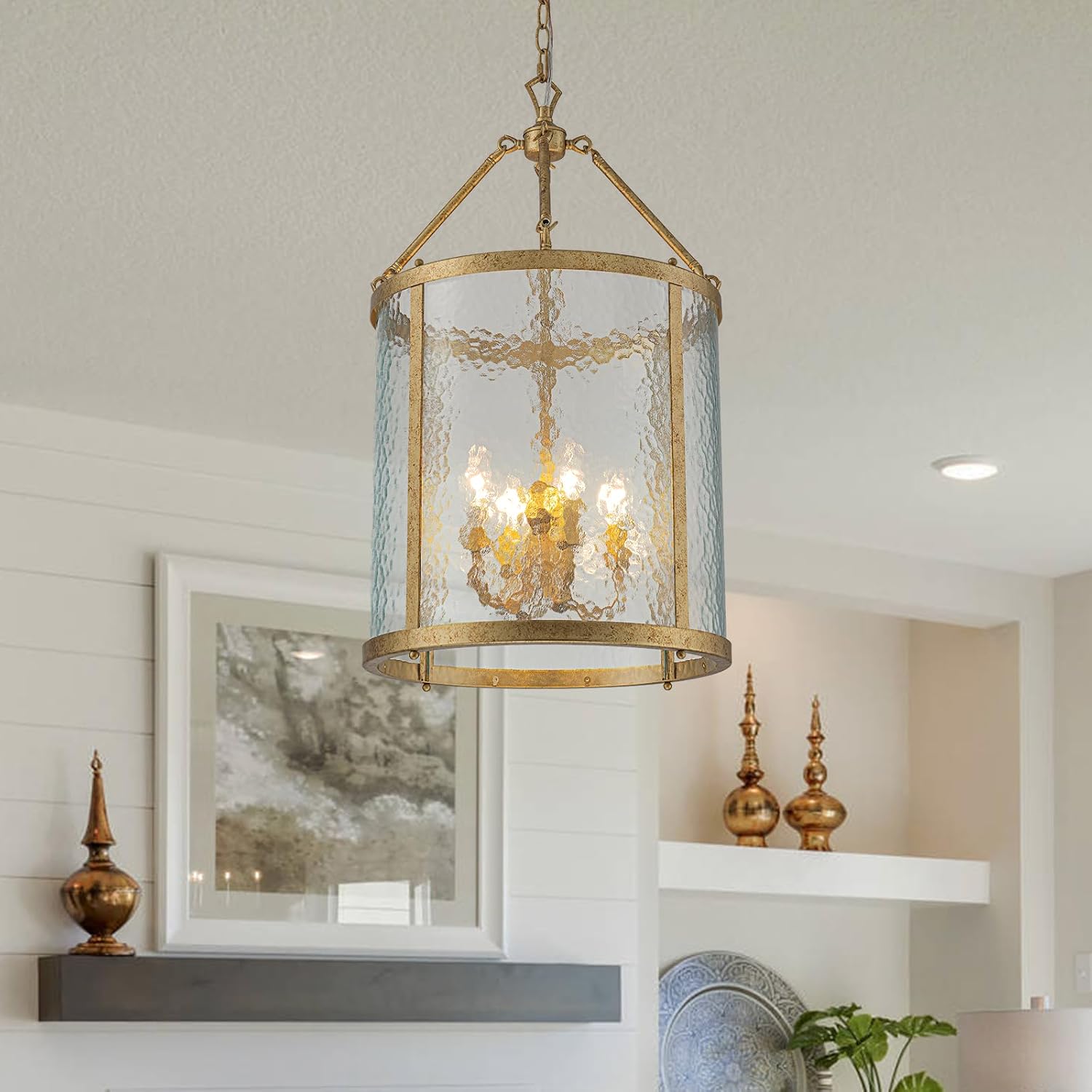 Modern Antique Gold Drum Pendant Chandelier with Hammered Glass Adjustable Chain Lantern Light