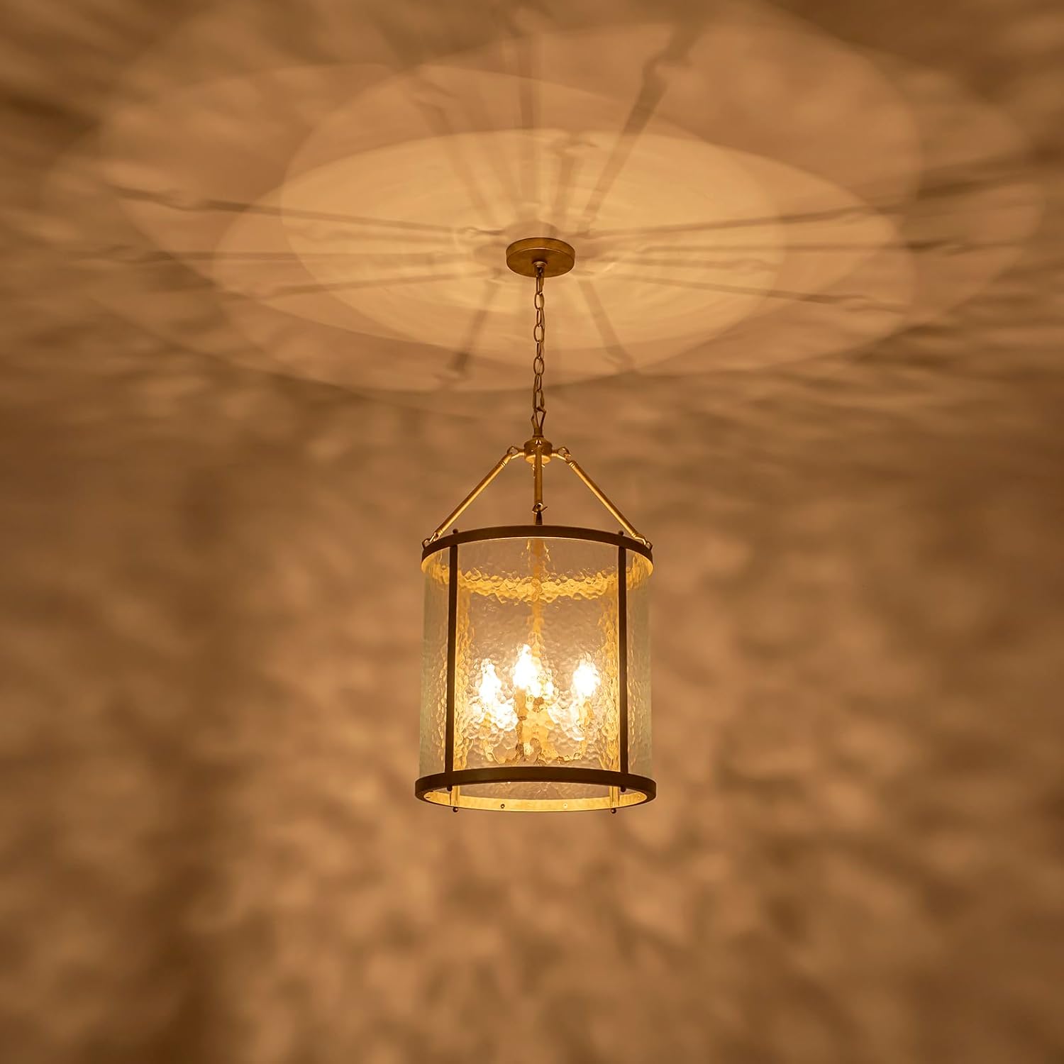 Modern Antique Gold Drum Pendant Chandelier with Hammered Glass Adjustable Chain Lantern Light