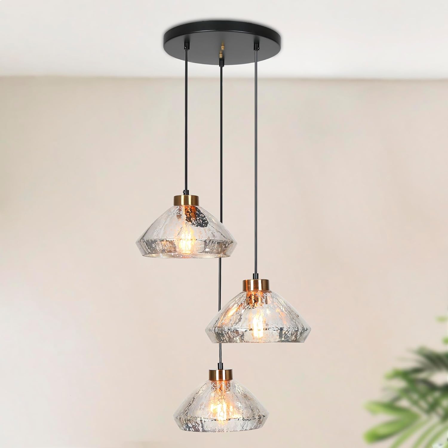 Modern 3-Light Black Gold Cluster Pendant with Hammered Glass Cone Shades Adjustable Height