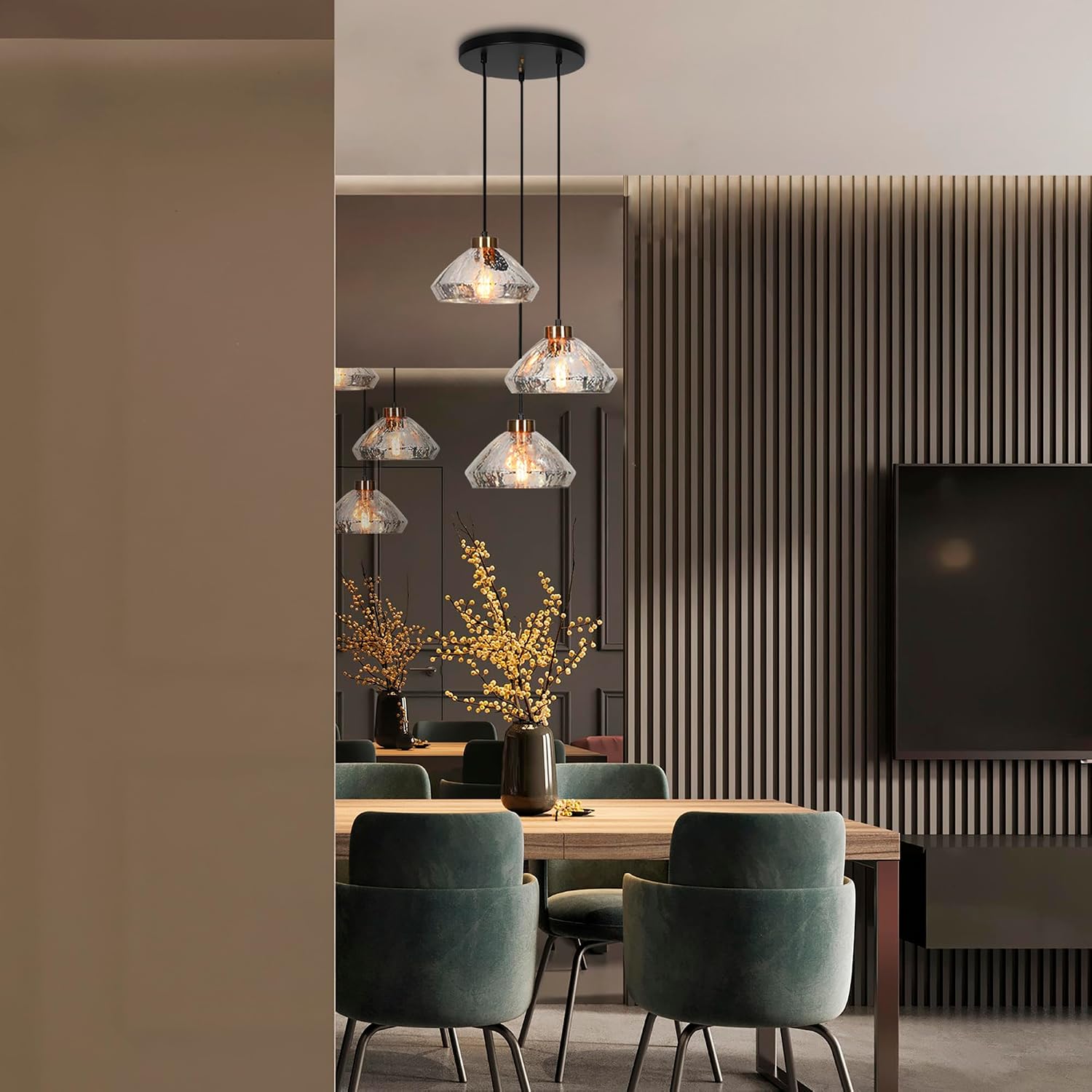 Modern 3-Light Black Gold Cluster Pendant with Hammered Glass Cone Shades Adjustable Height