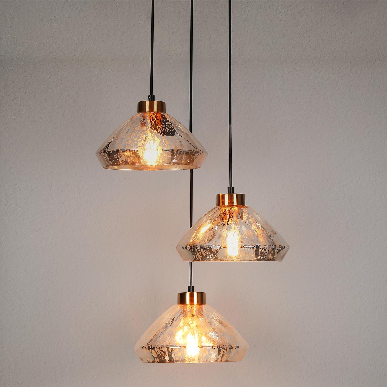 Modern 3-Light Black Gold Cluster Pendant with Hammered Glass Cone Shades Adjustable Height
