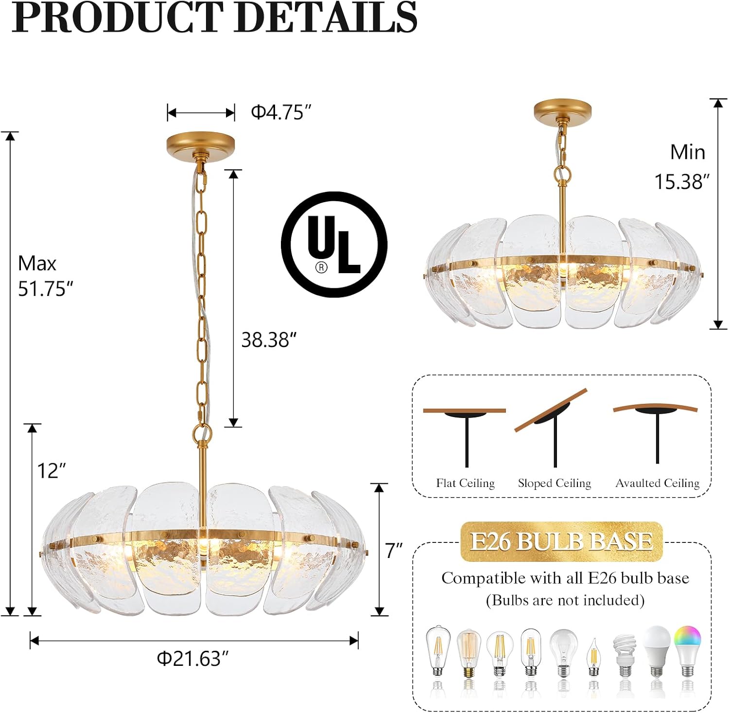 Modern Cloud Glass Gold Pendant Chandelier E26 Adjustable Chain Luxury Ceiling Light for Living Room Dining Room