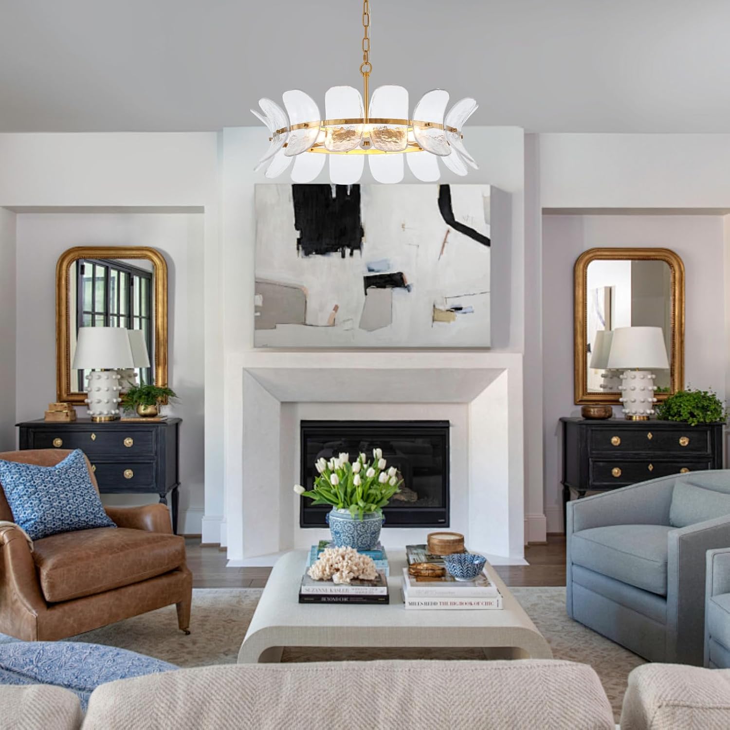 Modern Cloud Glass Gold Pendant Chandelier E26 Adjustable Chain Luxury Ceiling Light for Living Room Dining Room