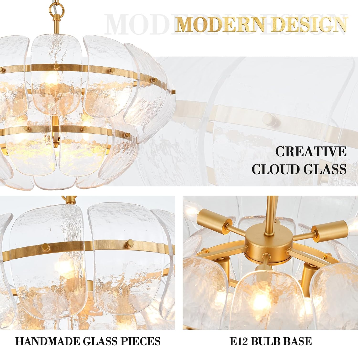 Modern Cloud Glass Gold Chandelier Adjustable Chain Pendant Light Handmade Glass E12 Ceiling Fixture