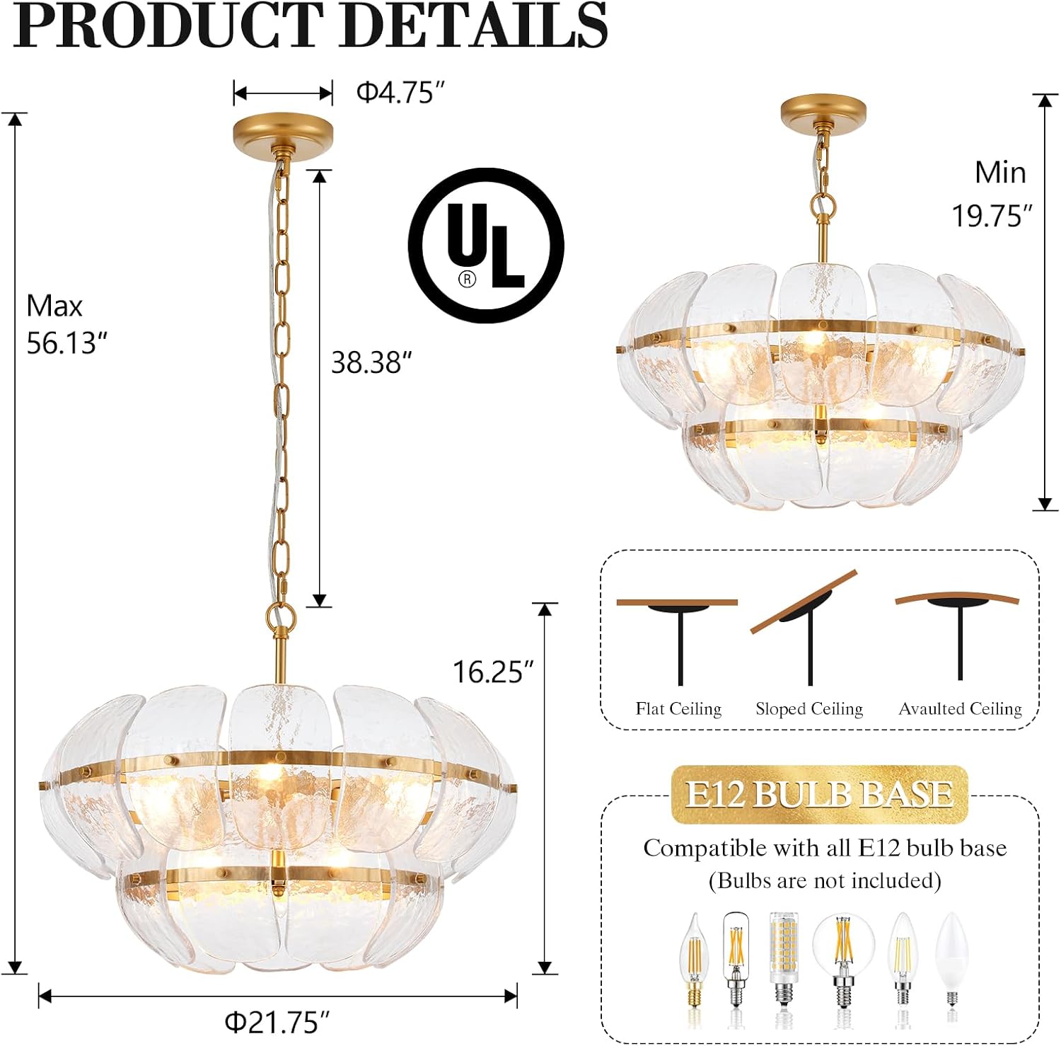 Modern Cloud Glass Gold Chandelier Adjustable Chain Pendant Light Handmade Glass E12 Ceiling Fixture