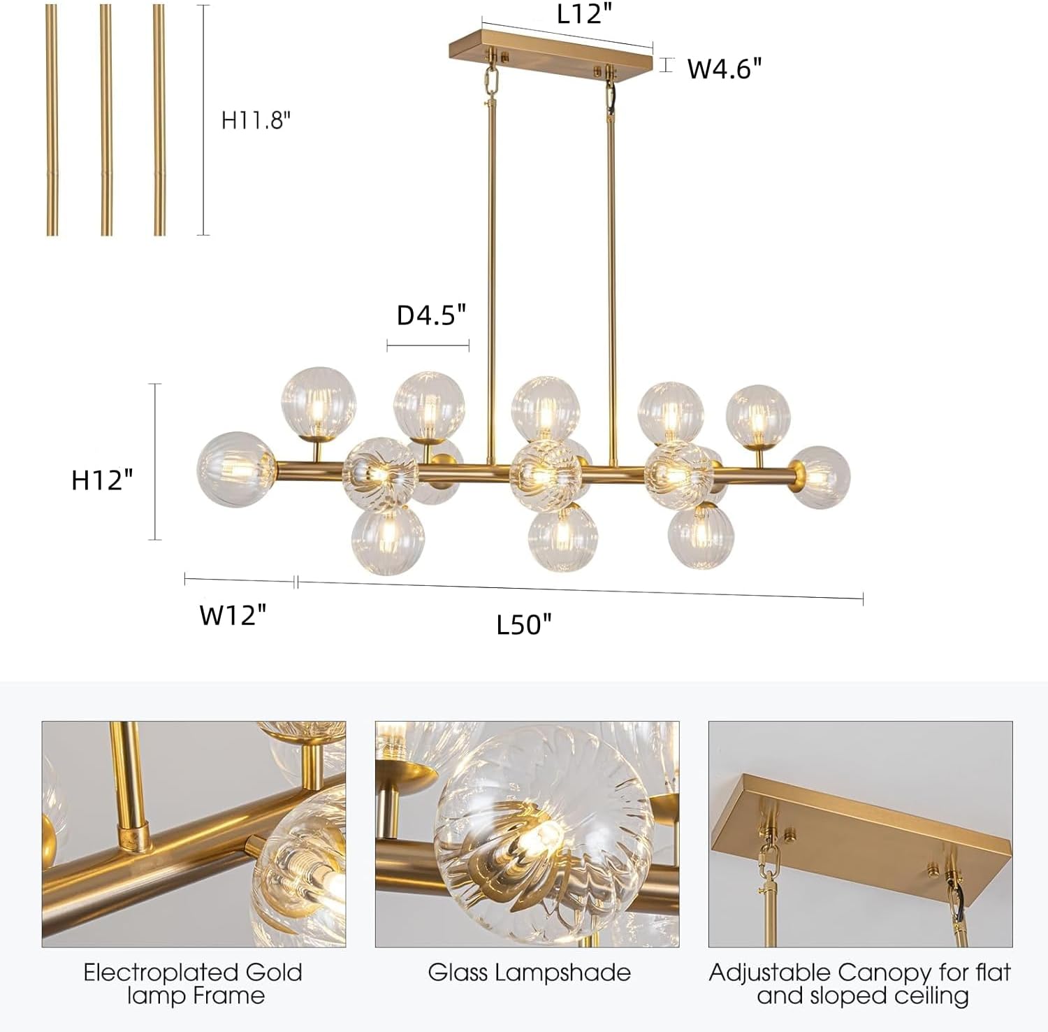 Modern Linear Gold Chandelier 16-Light Glass Globe Pendant Light for Kitchen Island Dining Table