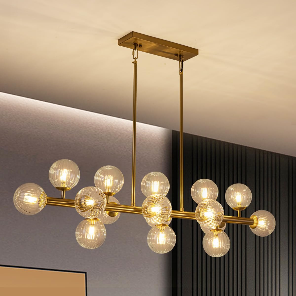 Modern Linear Gold Chandelier 16-Light Glass Globe Pendant Light for Kitchen Island Dining Table