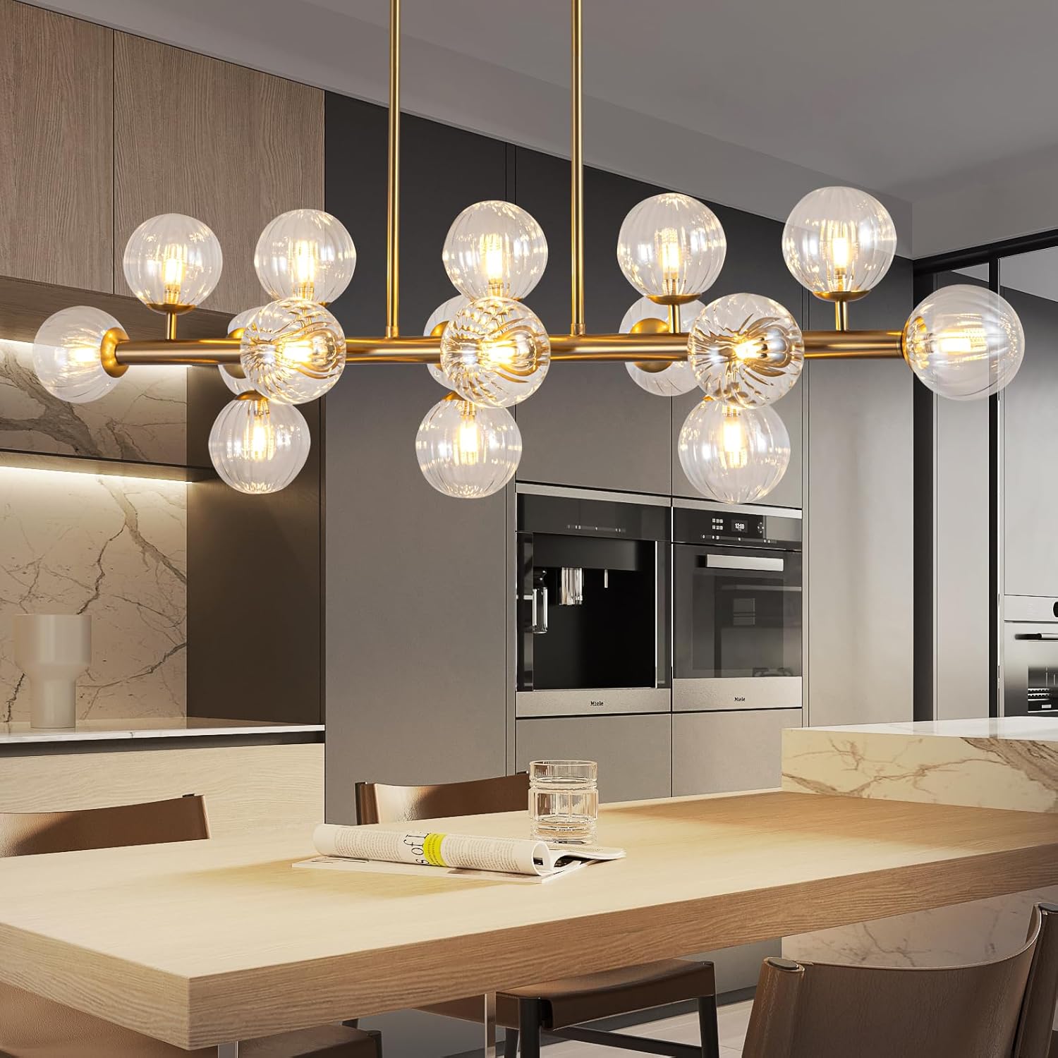 Modern Linear Gold Chandelier 16-Light Glass Globe Pendant Light for Kitchen Island Dining Table