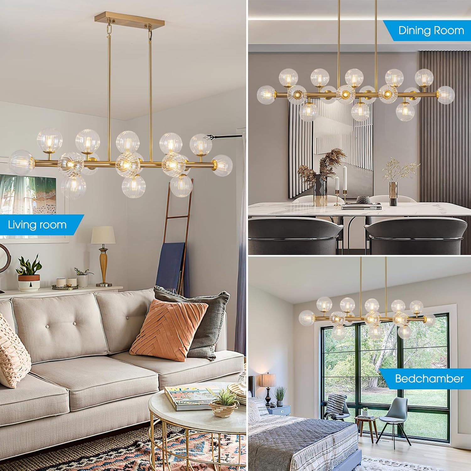 Modern Linear Gold Chandelier 16-Light Glass Globe Pendant Light for Kitchen Island Dining Table