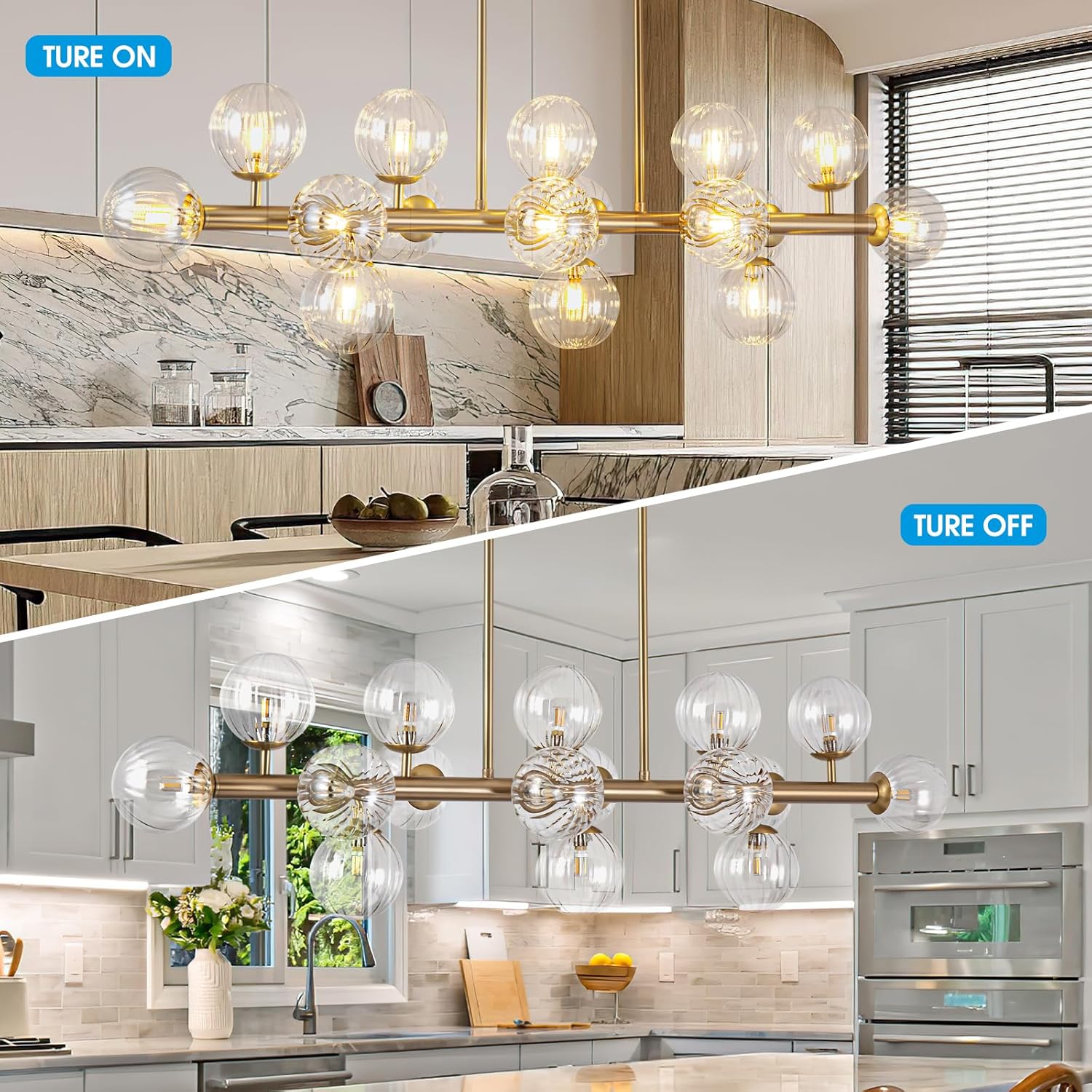 Modern Linear Gold Chandelier 16-Light Glass Globe Pendant Light for Kitchen Island Dining Table