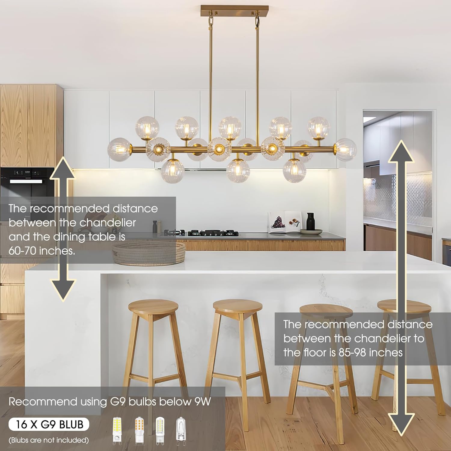 Modern Linear Gold Chandelier 16-Light Glass Globe Pendant Light for Kitchen Island Dining Table