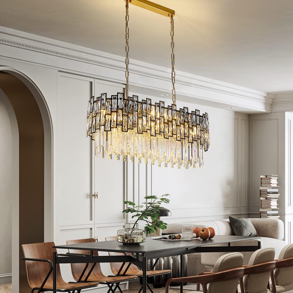 Modern Oval Crystal Chandelier with Matte Black Frame for Dining Room