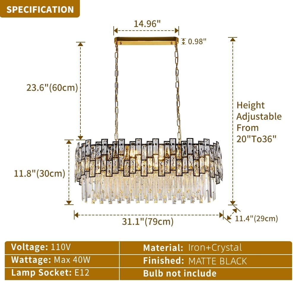 Modern Oval Crystal Chandelier with Matte Black Frame for Dining Room