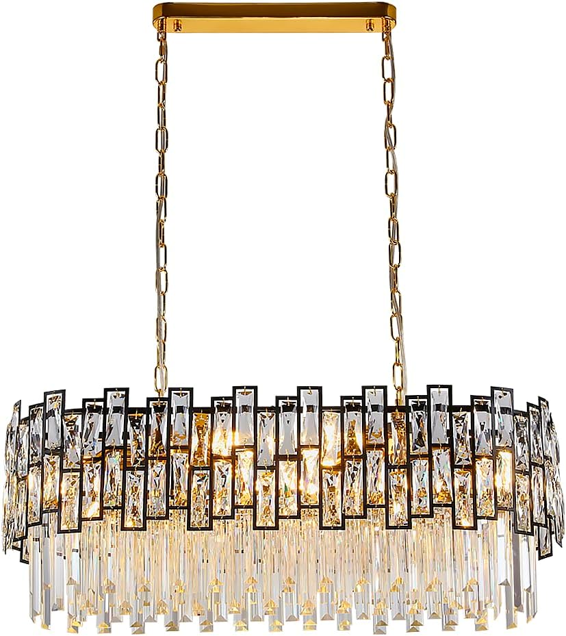 Modern Oval Crystal Chandelier with Matte Black Frame for Dining Room