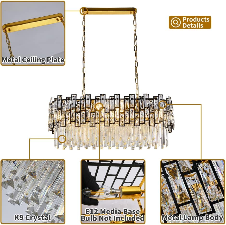Modern Oval Crystal Chandelier with Matte Black Frame for Dining Room