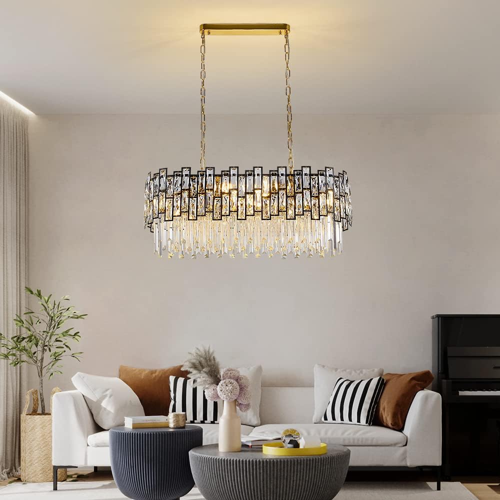 Modern Oval Crystal Chandelier with Matte Black Frame for Dining Room
