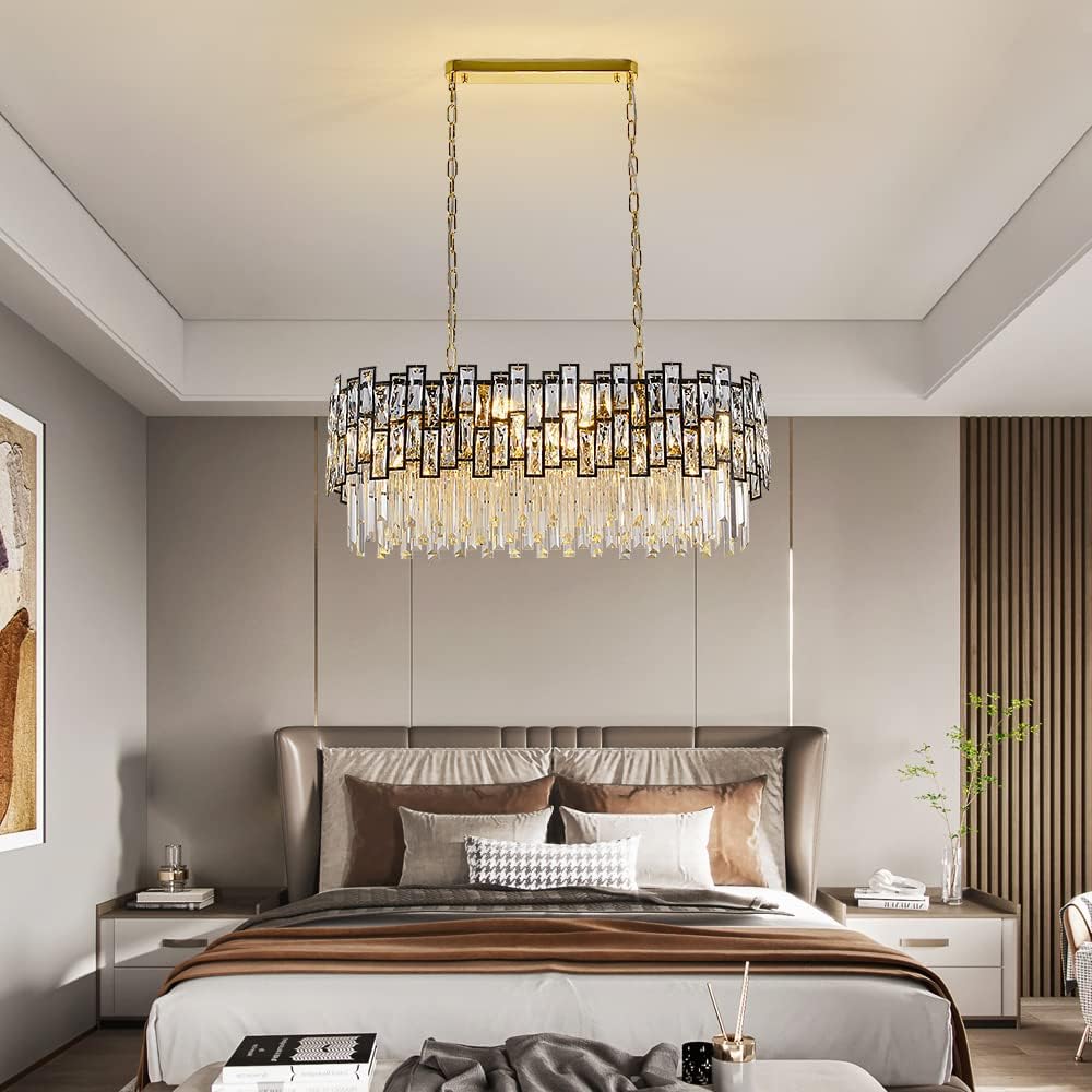Modern Oval Crystal Chandelier with Matte Black Frame for Dining Room